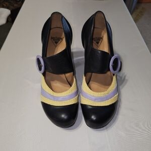 John Fluevog Shoes. Black Leather and Velvet with Purple and Yellow.